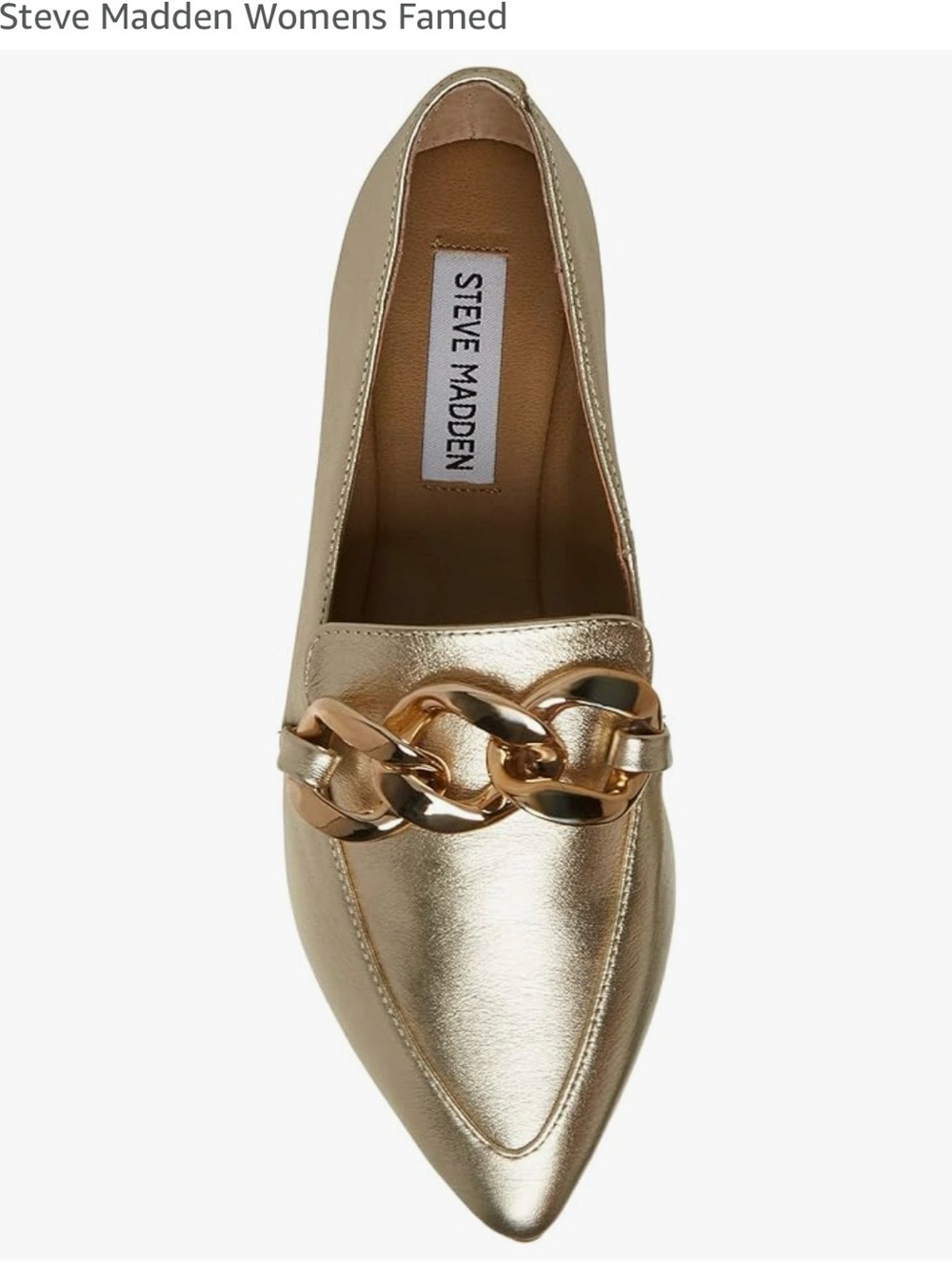 STEVE MADDEN FAMED POINTED TOE METALLIC GOLD LEATHER LOAFER W:CHAIN DETAIL Sz8.5